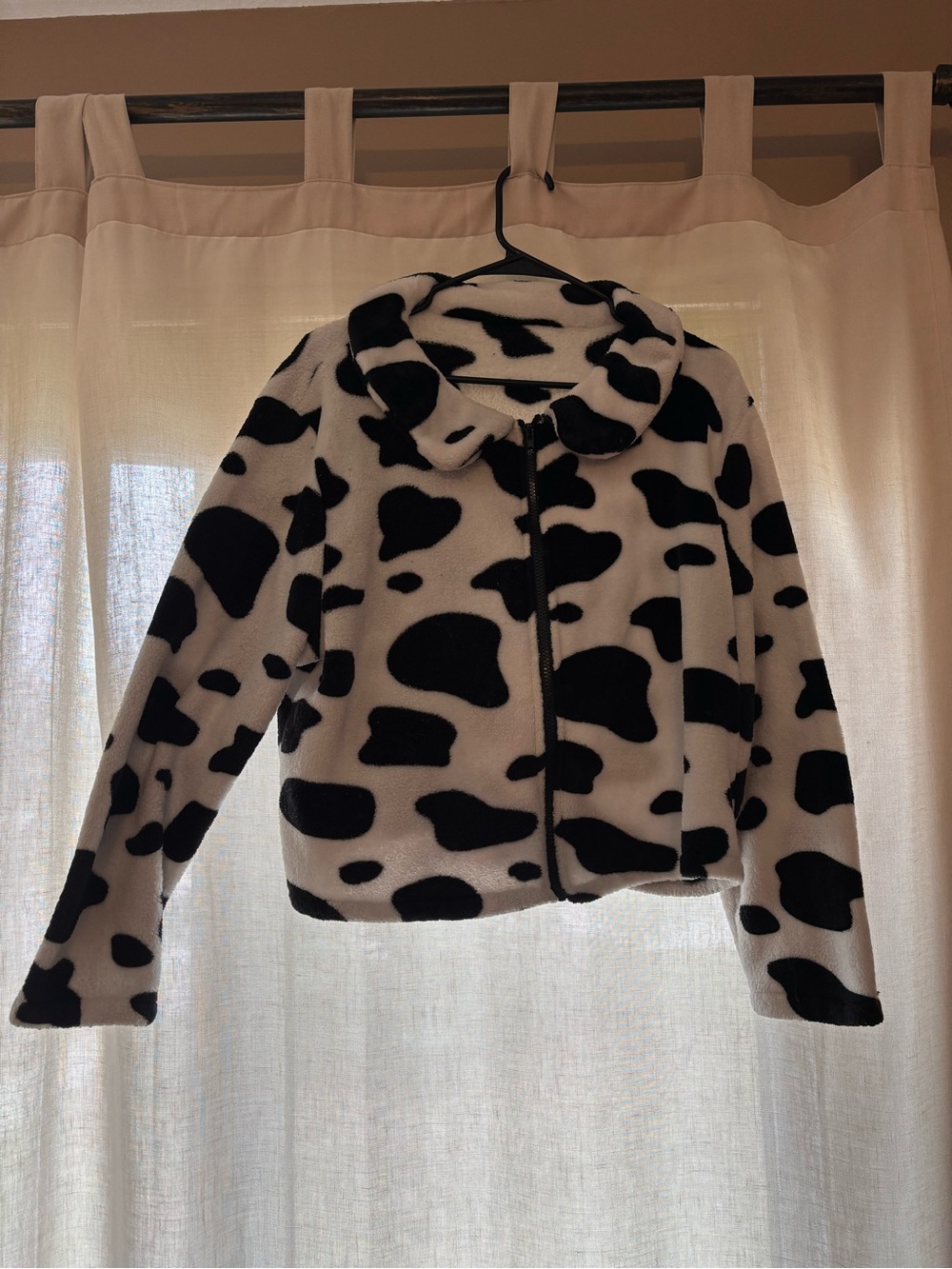 Faux Fur Cow Print Zip Jacket - Black & White